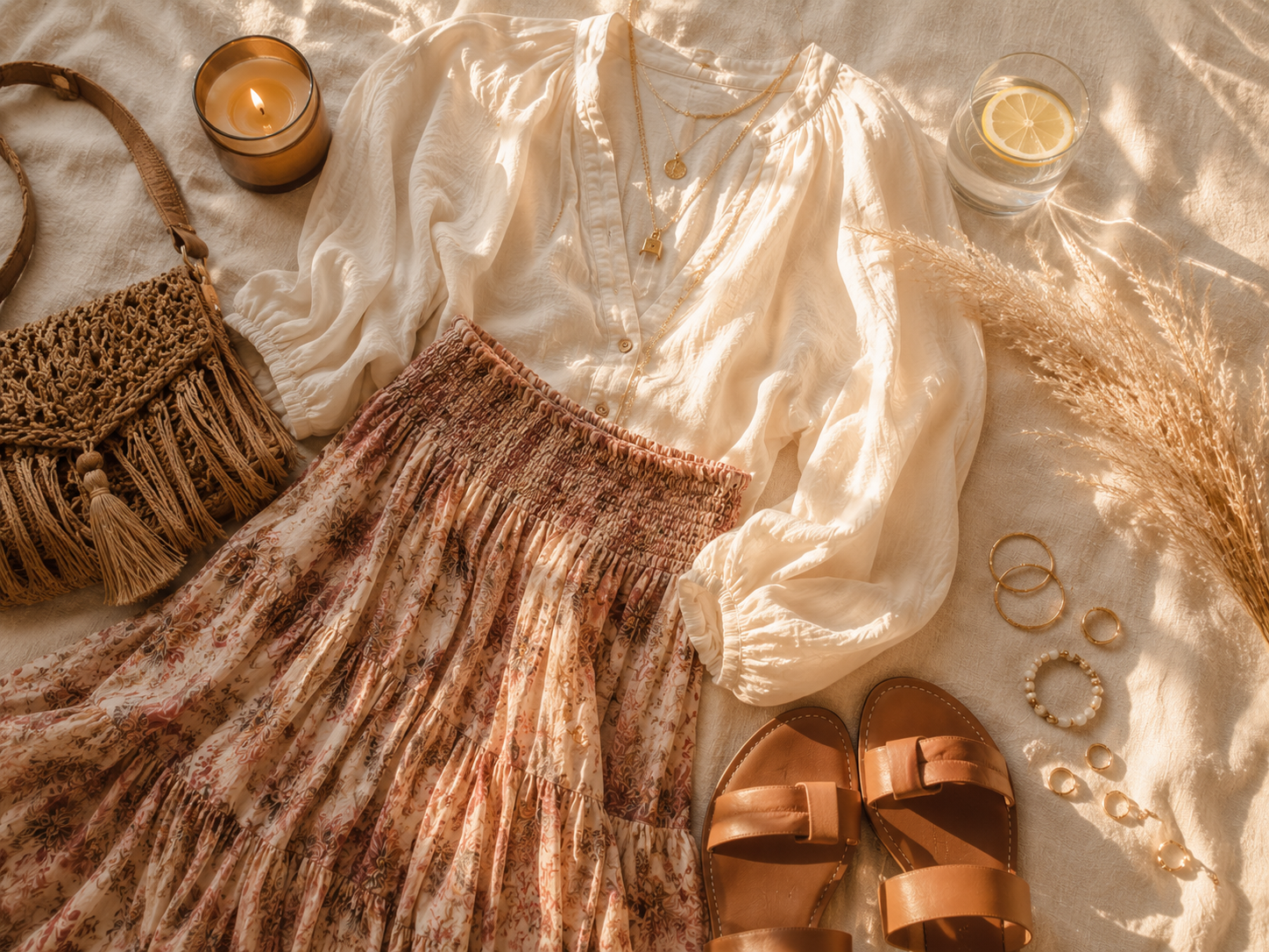 Finished boho outfit flat lay - flowy maxi skirt, cream blouse, gold jewelry and sandals on linen surface with candle and pampas grass