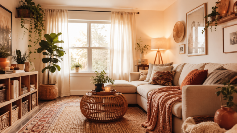 Cozy boho apartment living room with warm lighting layered textiles and vintage decor