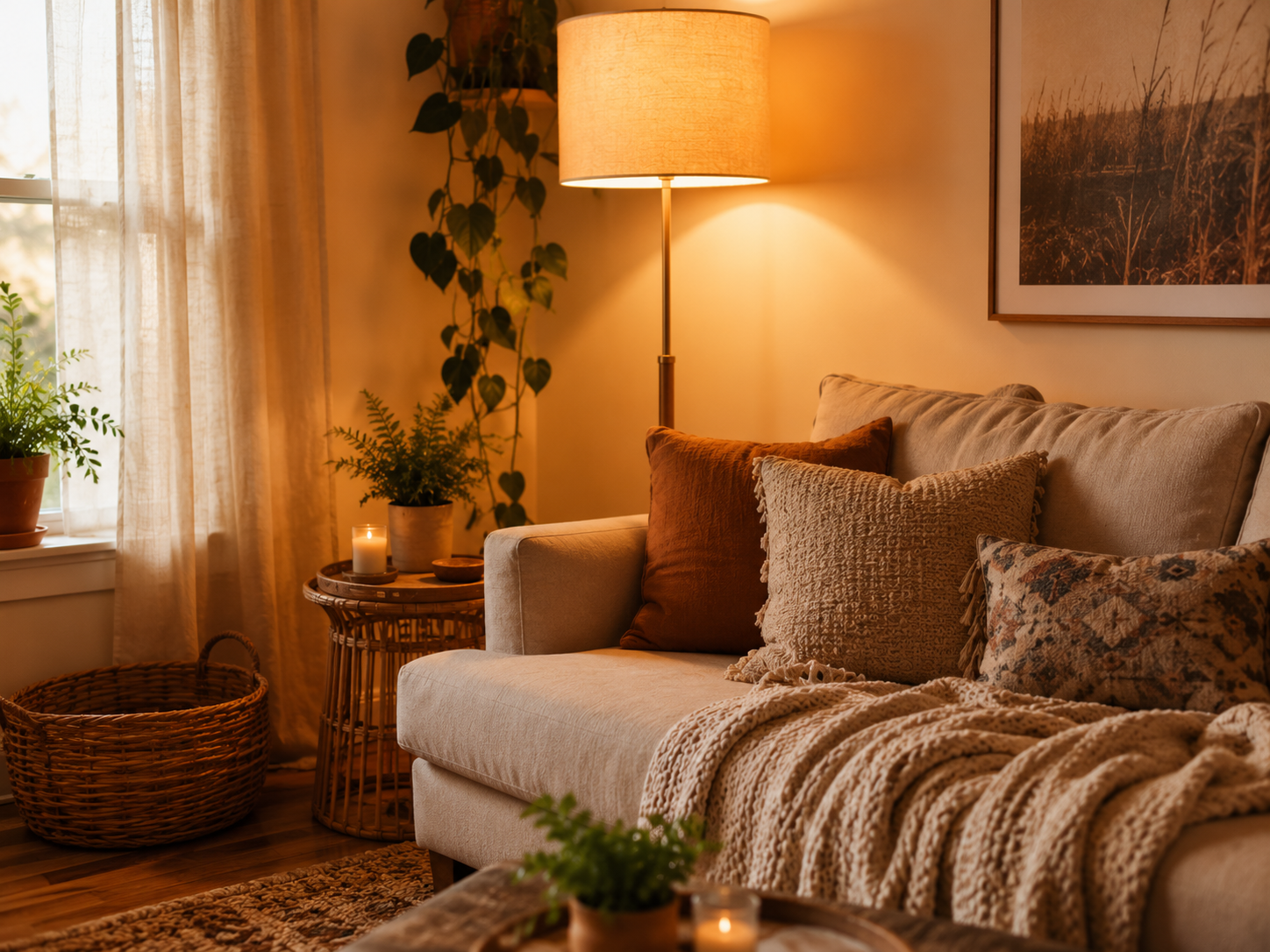 Layered rugs on hardwood floors in a cozy apartment living room