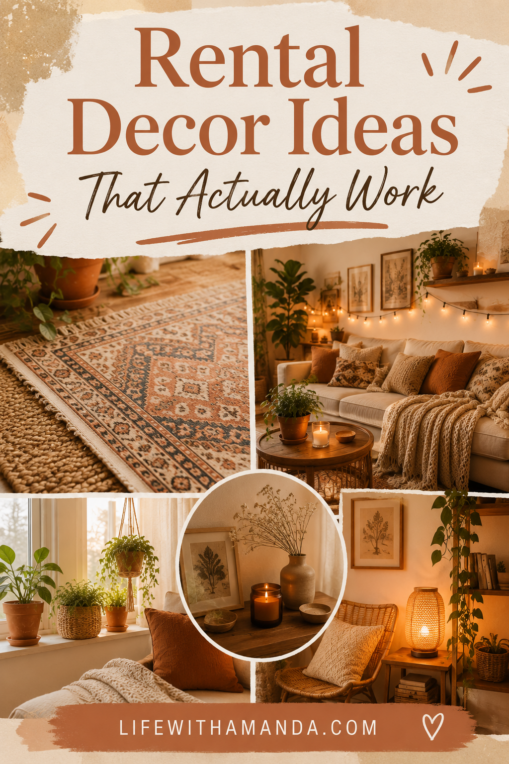 Cozy bohemian apartment living room at golden hour with string lights and vintage art