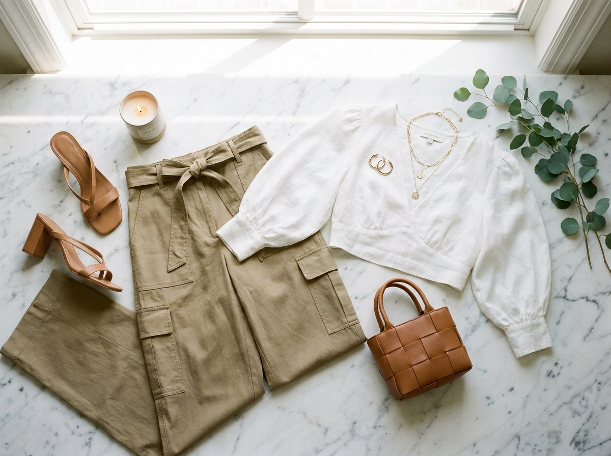 Elegant styled cargo pants and crop top outfit on marble surface with candle and greenery