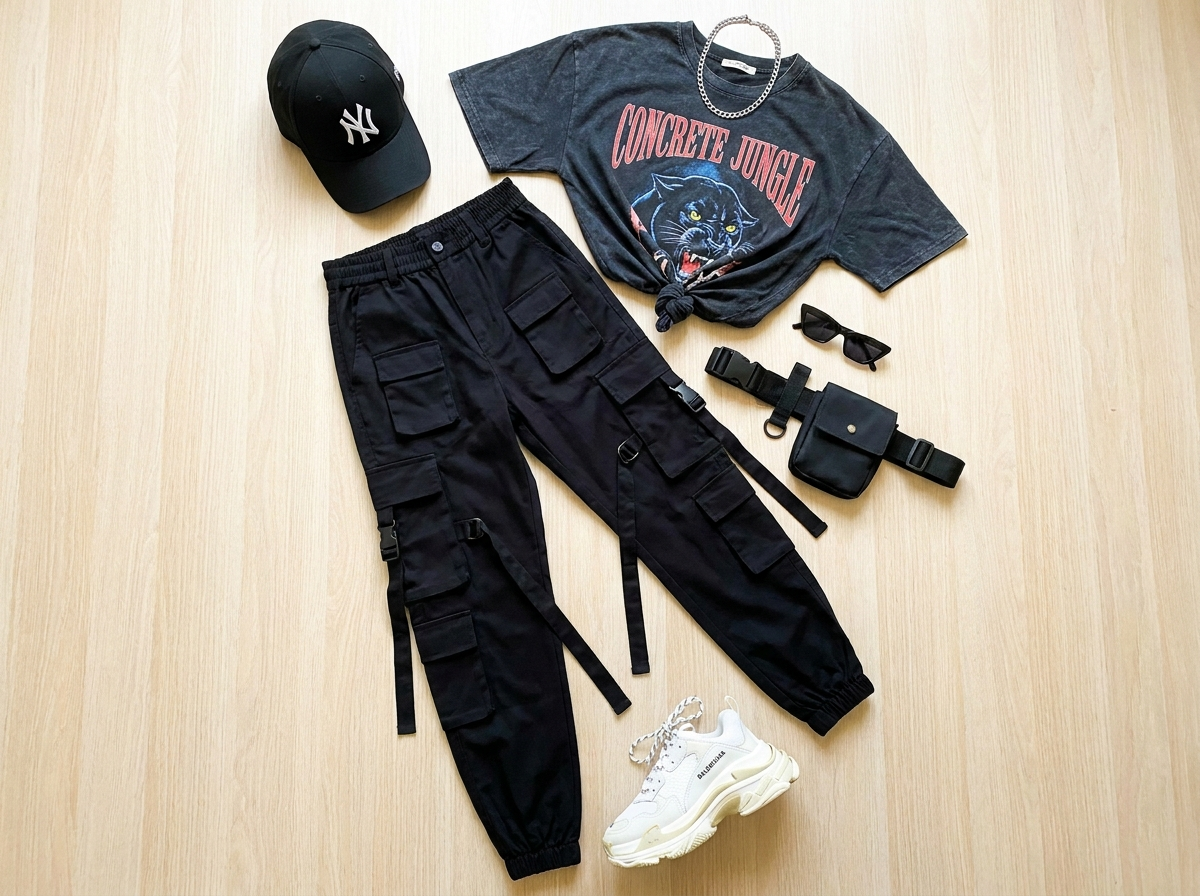 Black cargo pants with knotted graphic tee, chunky sneakers and baseball cap flatlay