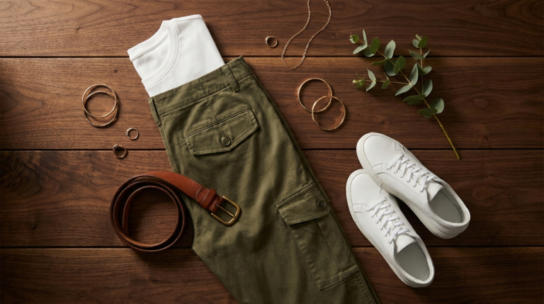 Cargo pants outfit flat lay on dark wood with white tee, sneakers, leather belt and gold jewelry