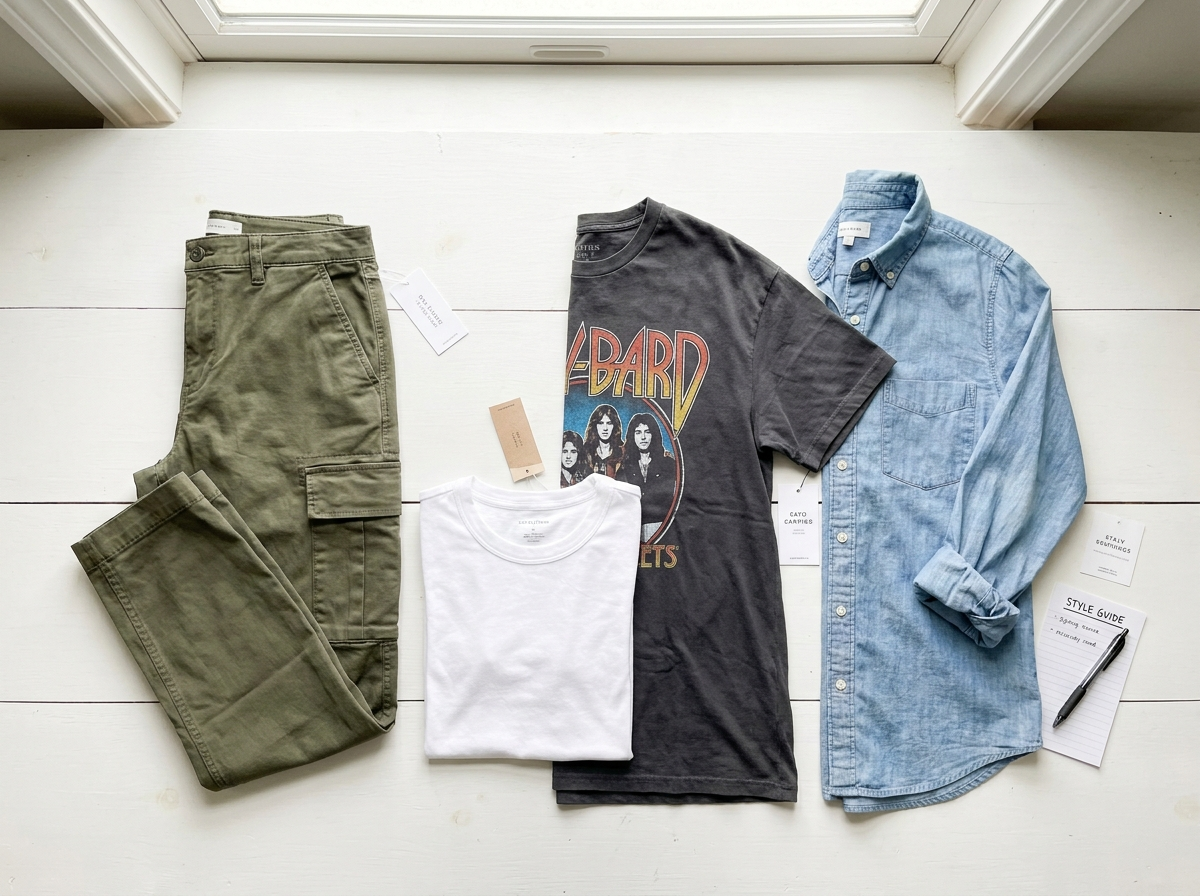 Different shirt styles laid next to cargo pants - white tee, graphic tee, chambray button-down