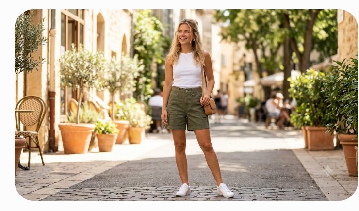 Classic Casual cargo shorts outfit with fitted tank and sneakers
