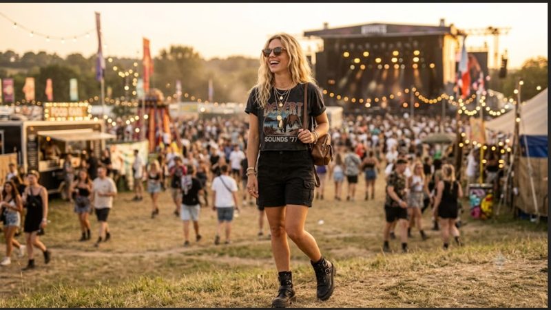 Festival Look cargo shorts outfit with crop top and chunky boots