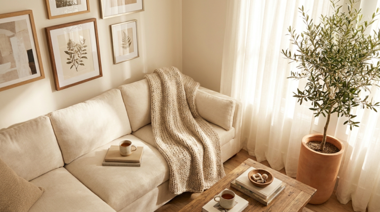 Bright airy living room with gallery wall and cozy decor - creative interior design ideas