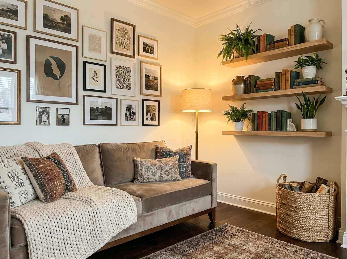 Finished cozy living room with gallery wall, floating shelves and greenery