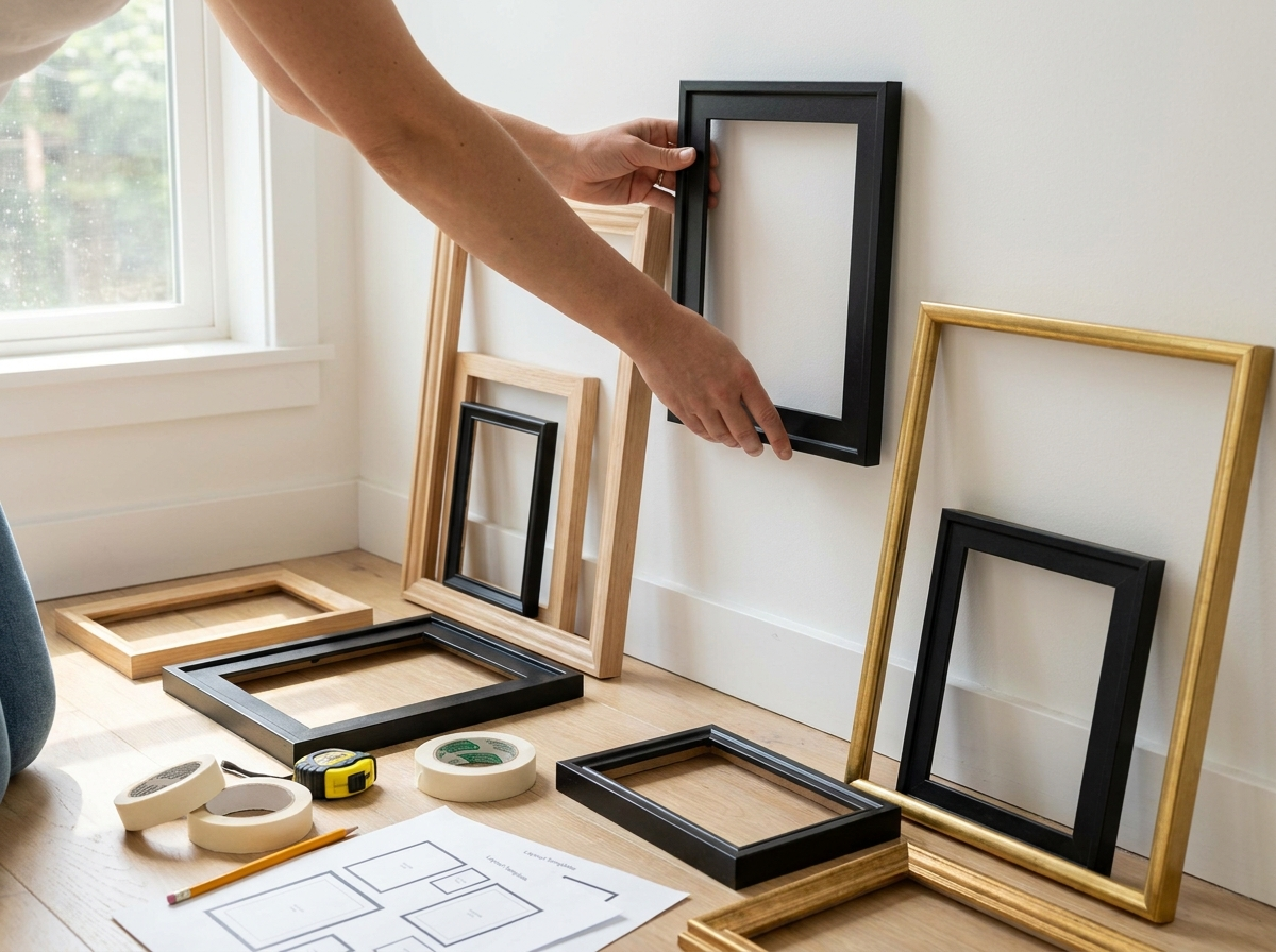 Planning a gallery wall layout with frames on the floor