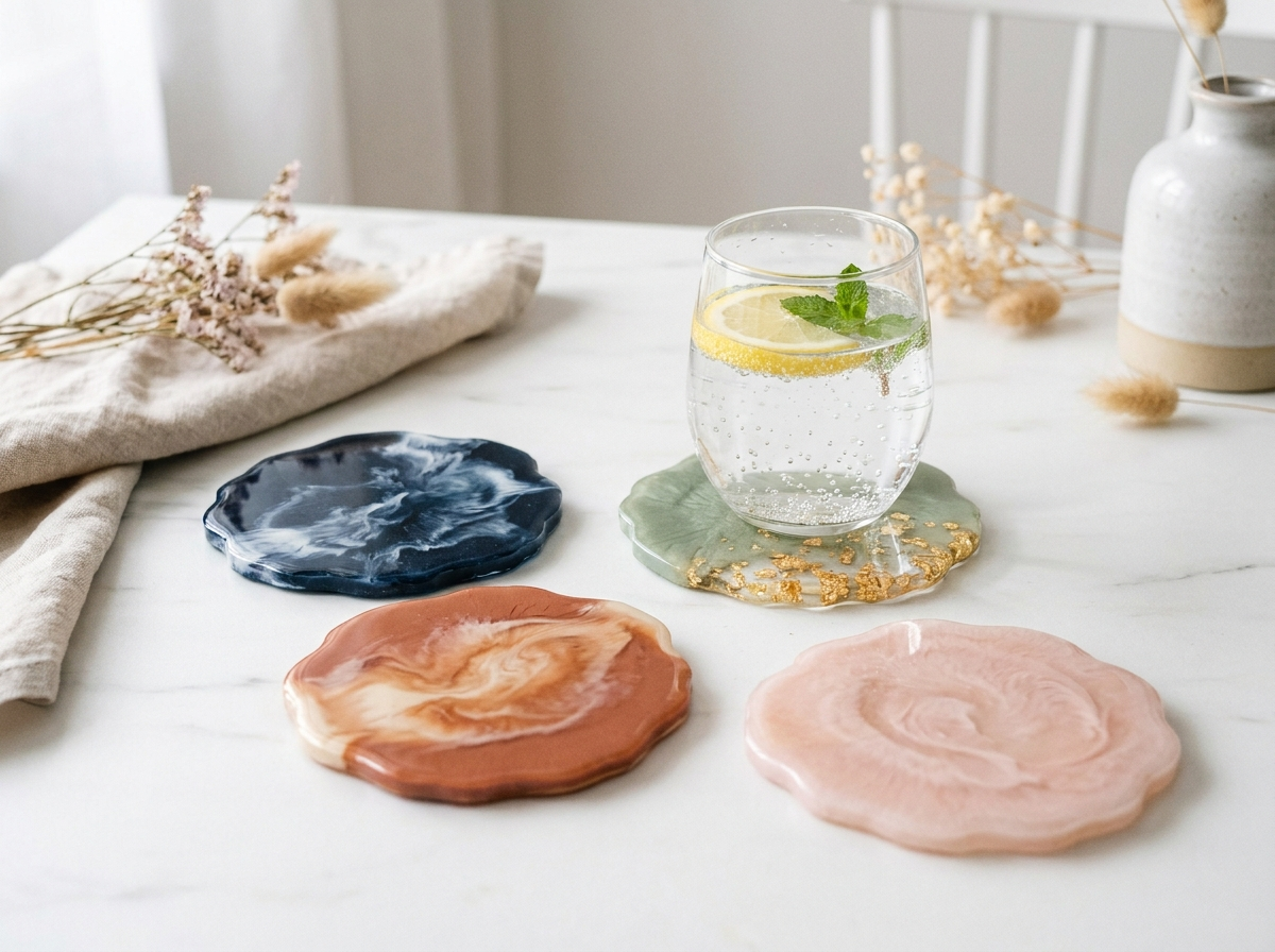 Set of four finished handmade resin coasters on white marble with a glass of water