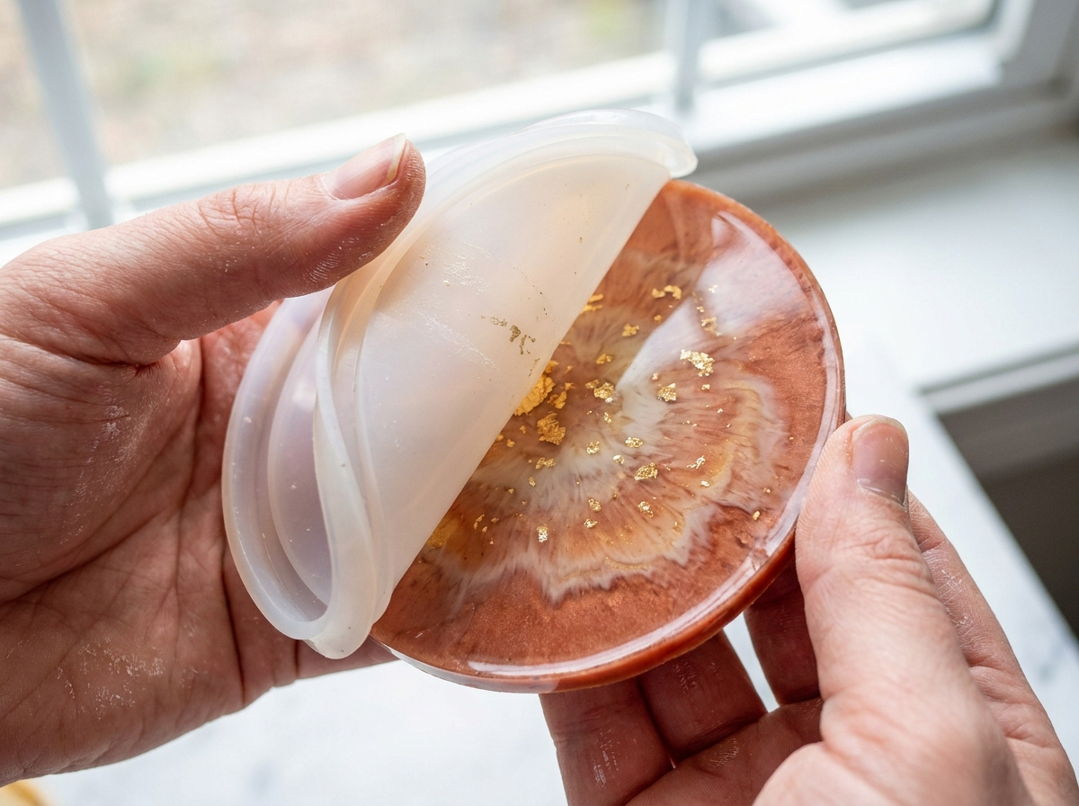 Hands demolding a finished terracotta and cream resin coaster from a silicone mold
