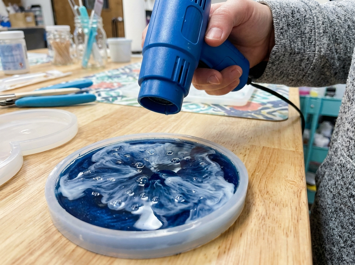 Using a mini heat gun to pop bubbles on the surface of poured resin coasters