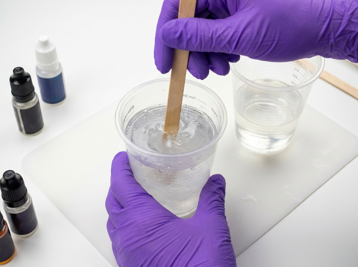 Hands in nitrile gloves stirring epoxy resin in a graduated mixing cup
