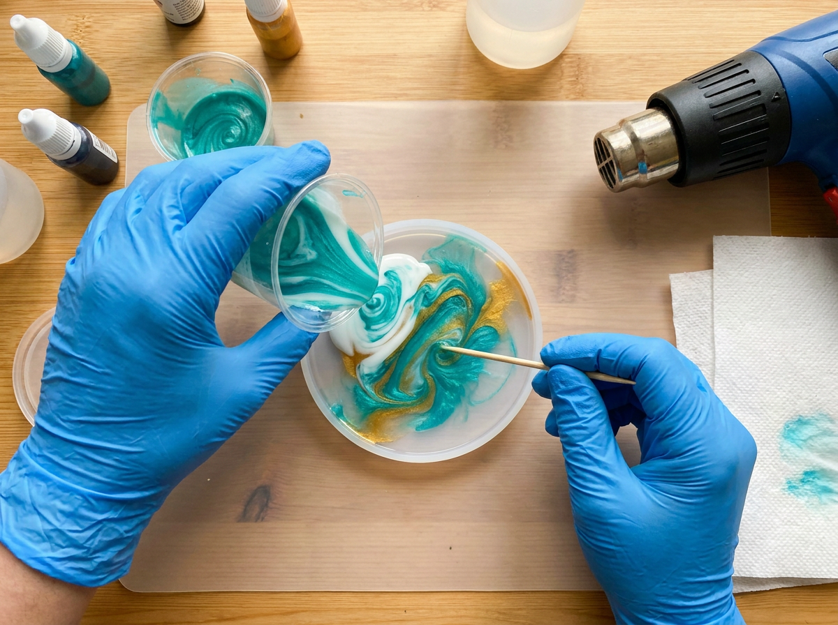 Pouring and swirling teal and gold colored resin into silicone coaster molds