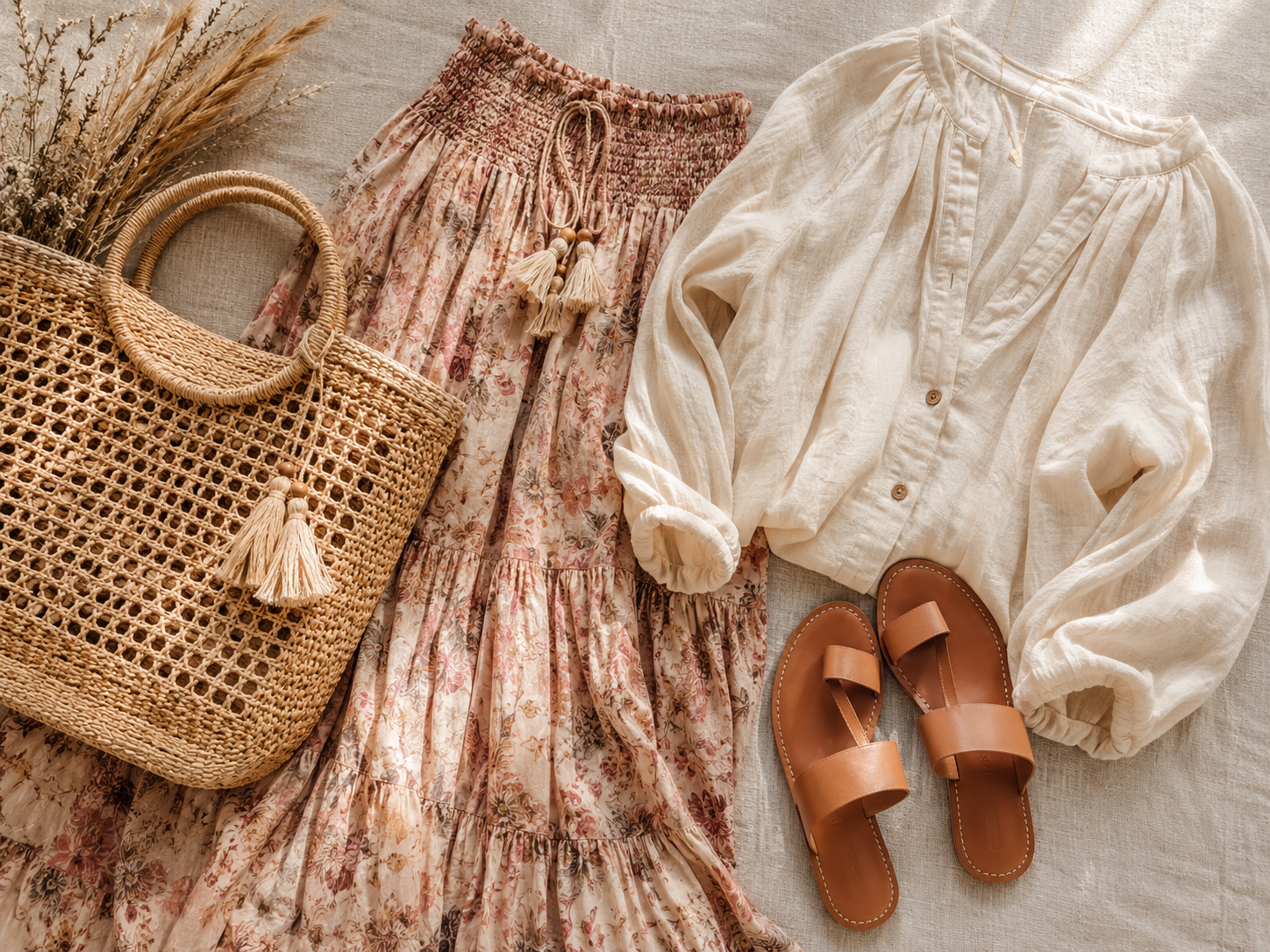 Boho outfit flat lay with flowy maxi skirt, linen blouse, and sandals on natural background