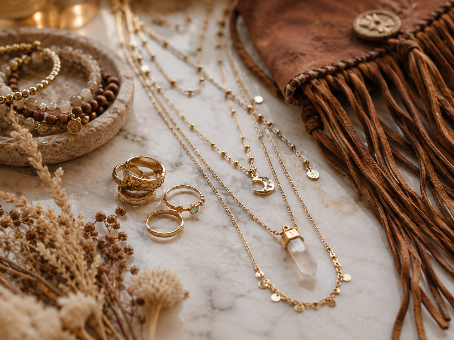 Boho jewelry layered on marble - gold necklaces, rings, and natural stone accessories