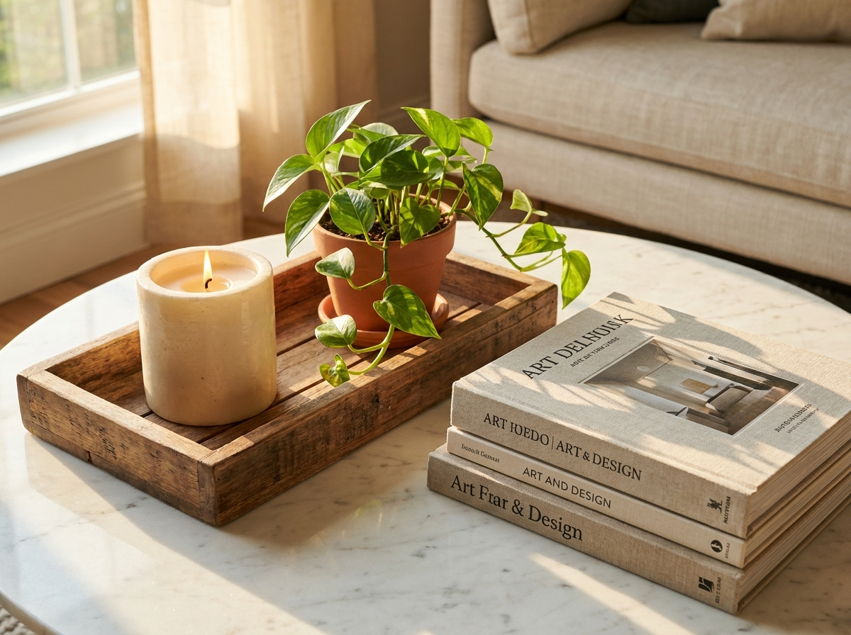 Styled coffee table with wooden tray, candle, plant and books