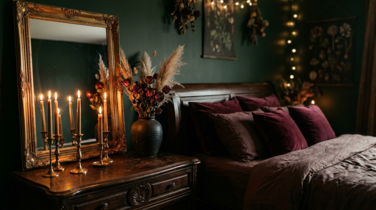 Whimsigoth bedroom with dark forest green walls, vintage mirror, dried roses and velvet pillows in moody amber candlelight